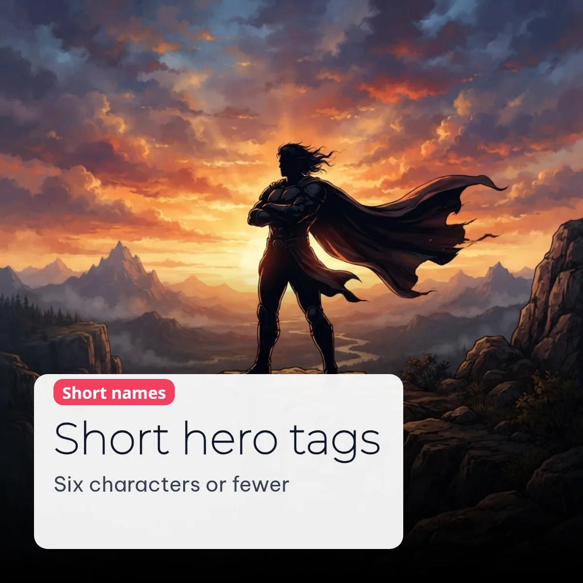 Short hero name tags for Free Fire with a hero on a cliff at sunset