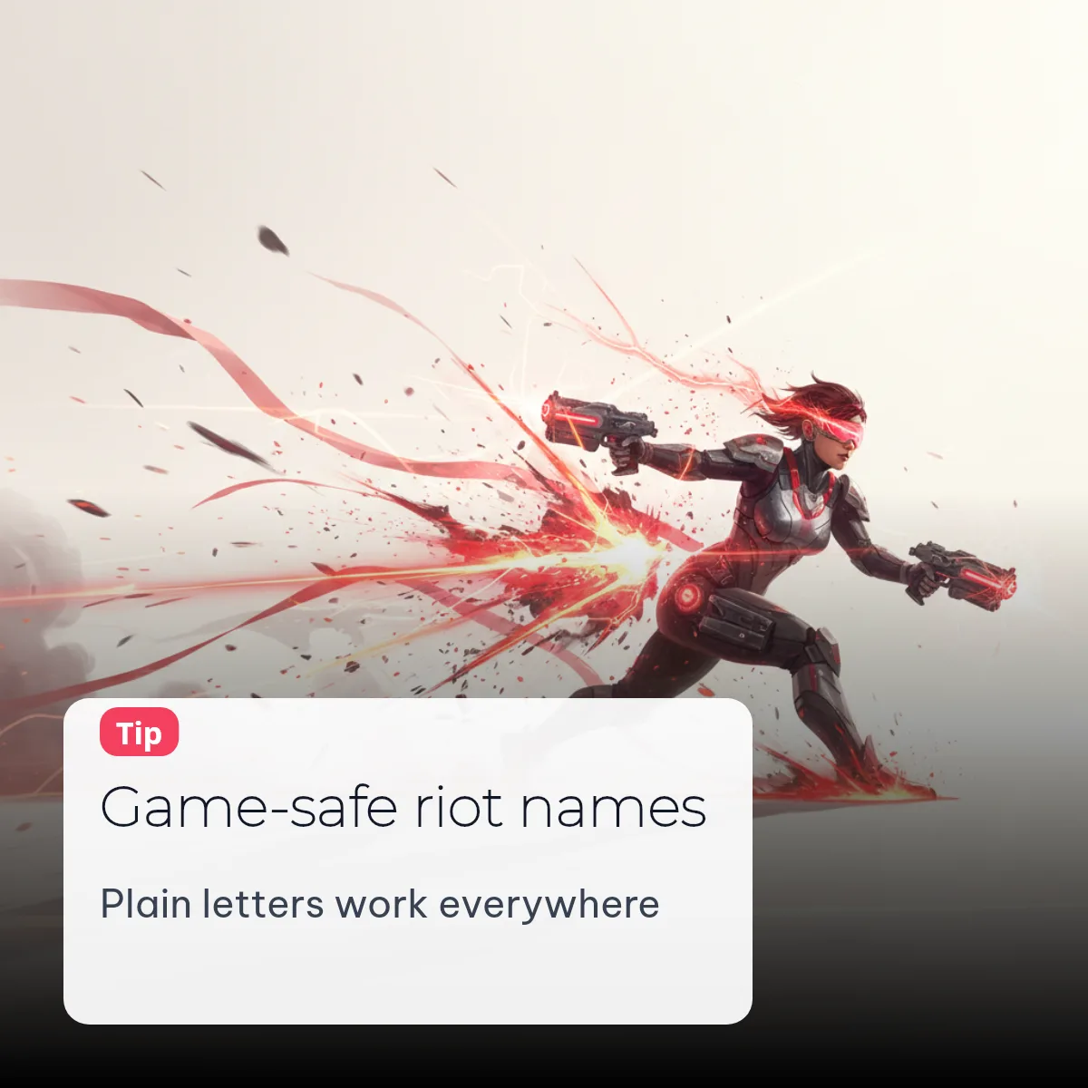 Game-safe riot names for Free Fire with a red energy fighter